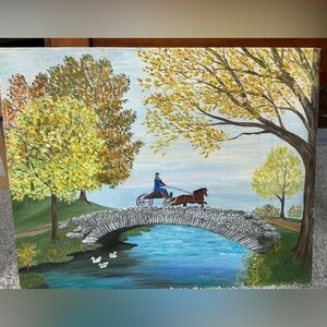 Vintage Charming Autumn Bridge oil painting 16” X 20”